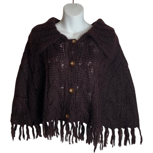 April Cornell For Cornell Trading Womens OS Brown Cable Knit Shawl Poncho Fringe - Picture 1 of 12
